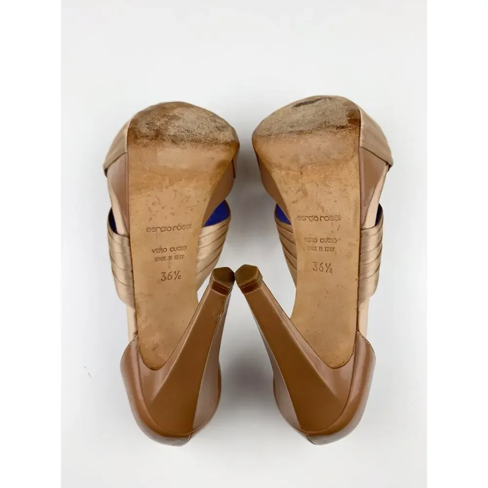 Sergio Rossi Platform Stiletto Sandals High Heels Tan Leather Womens 36.5 US 6.5